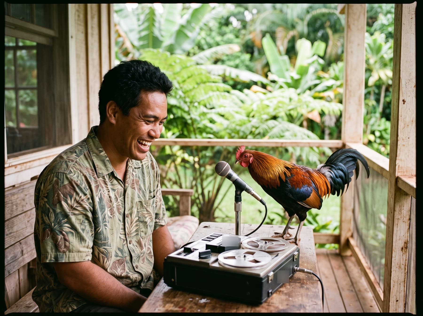 Kimo laughing at a table on a screened porch, a portable reel-to-reel deck in front of him and a rooster standing at the microphone