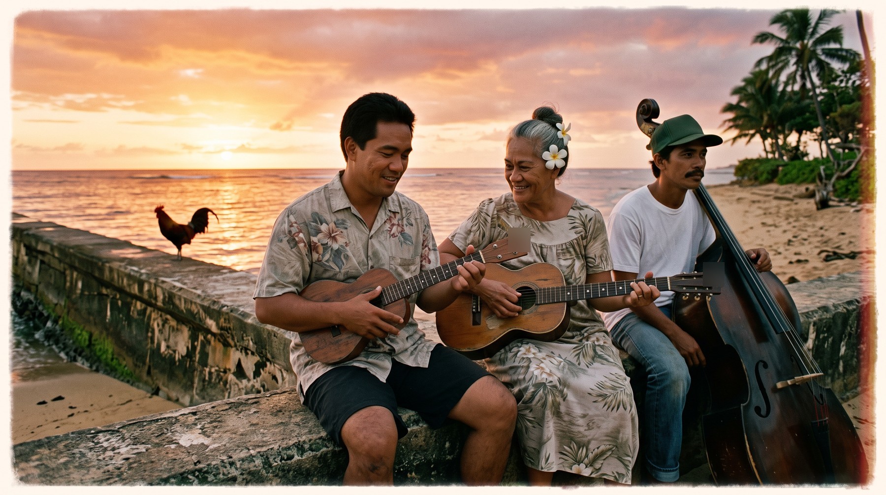 The trio sitting on a seawall at sunset with ʻukulele, guitar and upright bass